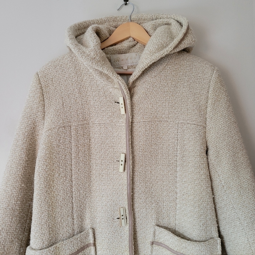 Vintage Women's Wool Blend Oatmeal Beige Tweed Hooded Duffle Coat Jacket Size 10 - Picture 3 of 10